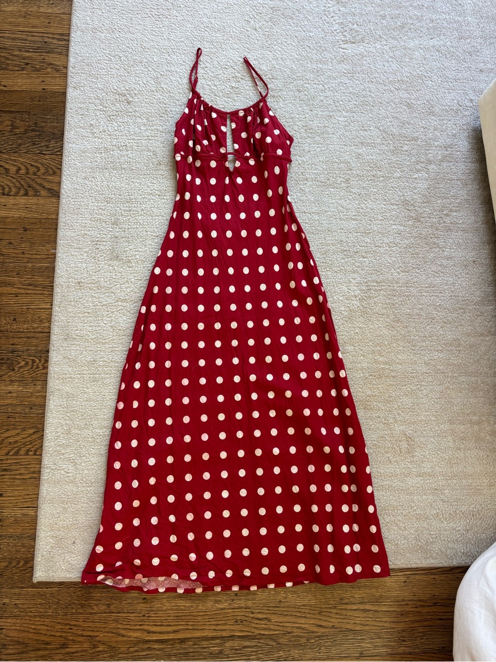Olivaceous Red Polka Dot Spaghetti-Strap Maxi Dress